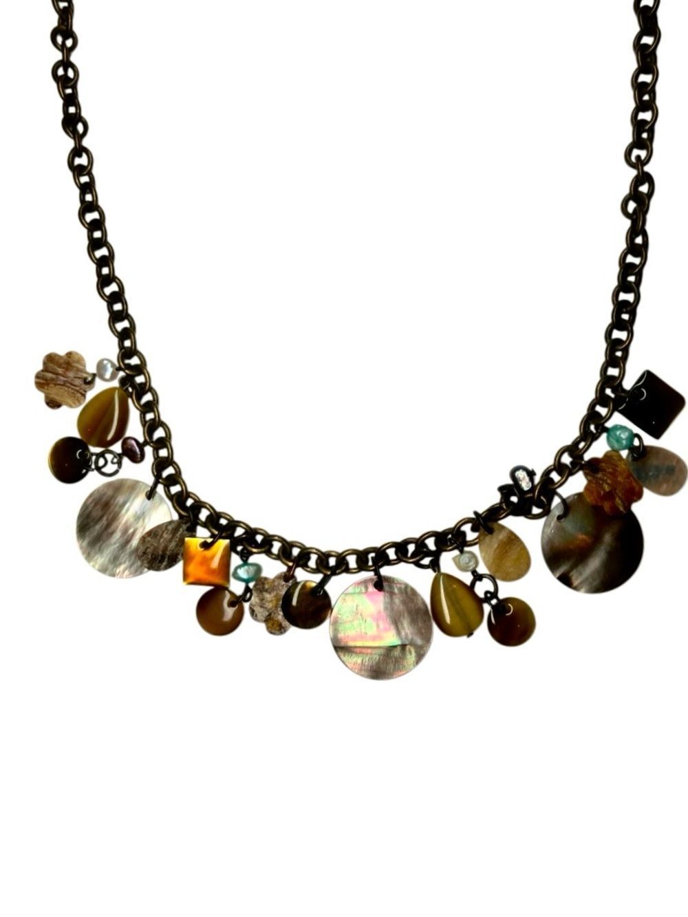 Necklace with Bronze Chain and Mother of Pearl, Gold, and Teal Stones 21” Long